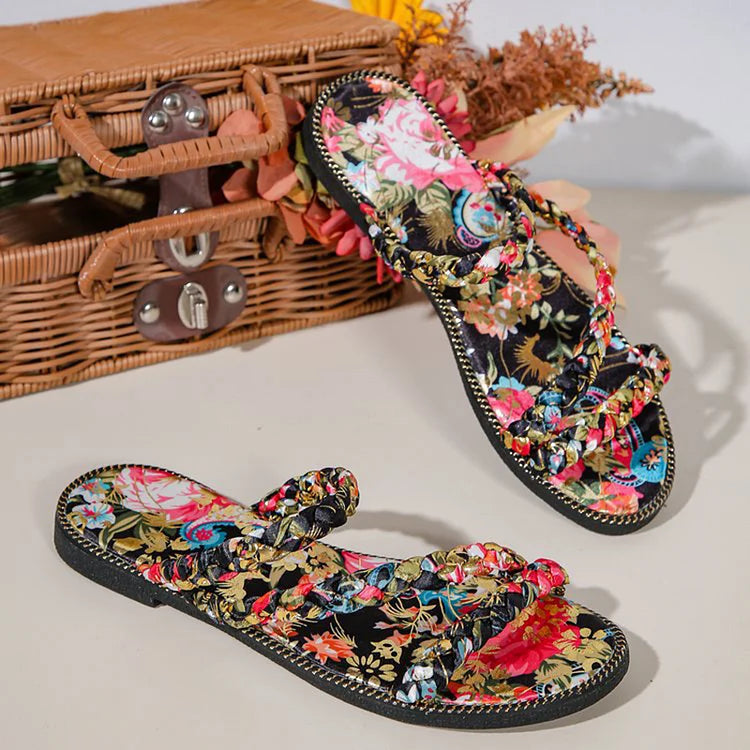 Allover Floral Print Multi Crochet Straps Slides Sandals