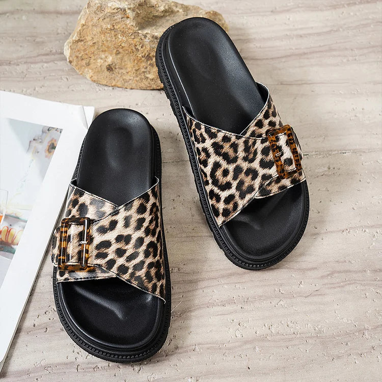 Leopard Print Strap Buckle Round Toe Casual Platform Slippers