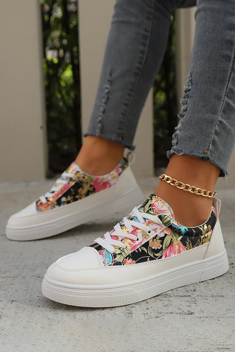 Multicolor Floral Print Patchwork Round Toe Lace Up Sneakers