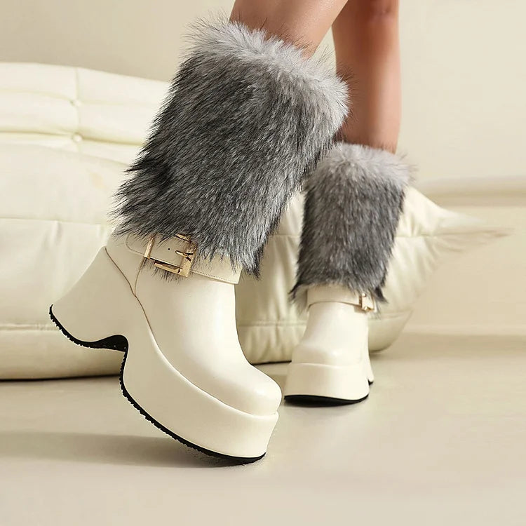 Strap Buckle Decor Faux Fur Round Toe Chunky Heel Platform Mid Boots