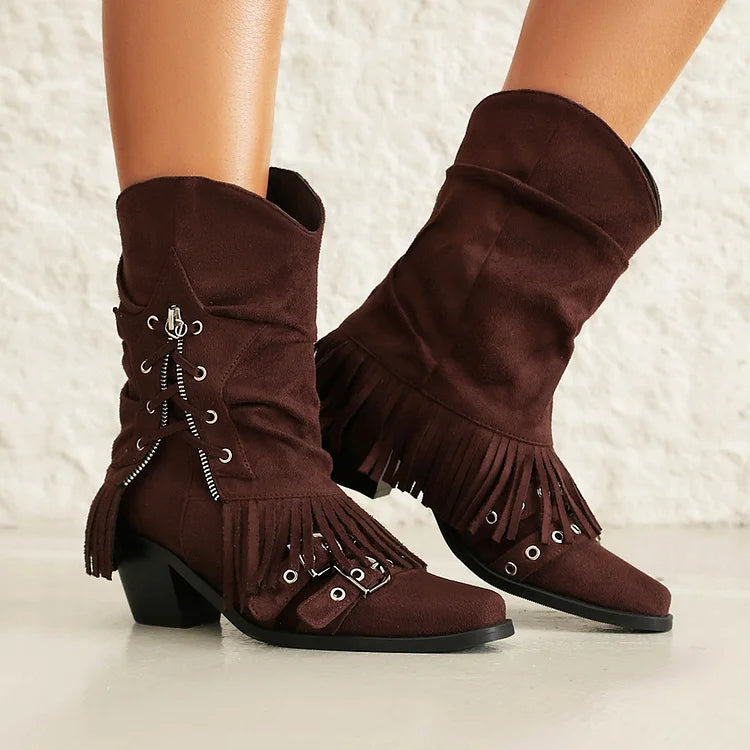 Fold Over Fringed Trim Zipper Pointed Toe Chunky Heel Western Boots