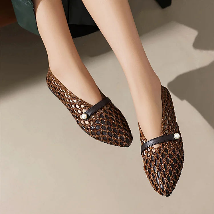 Patchwork Hollow Out Fishnet Instep Strap Pointed Toe Flats