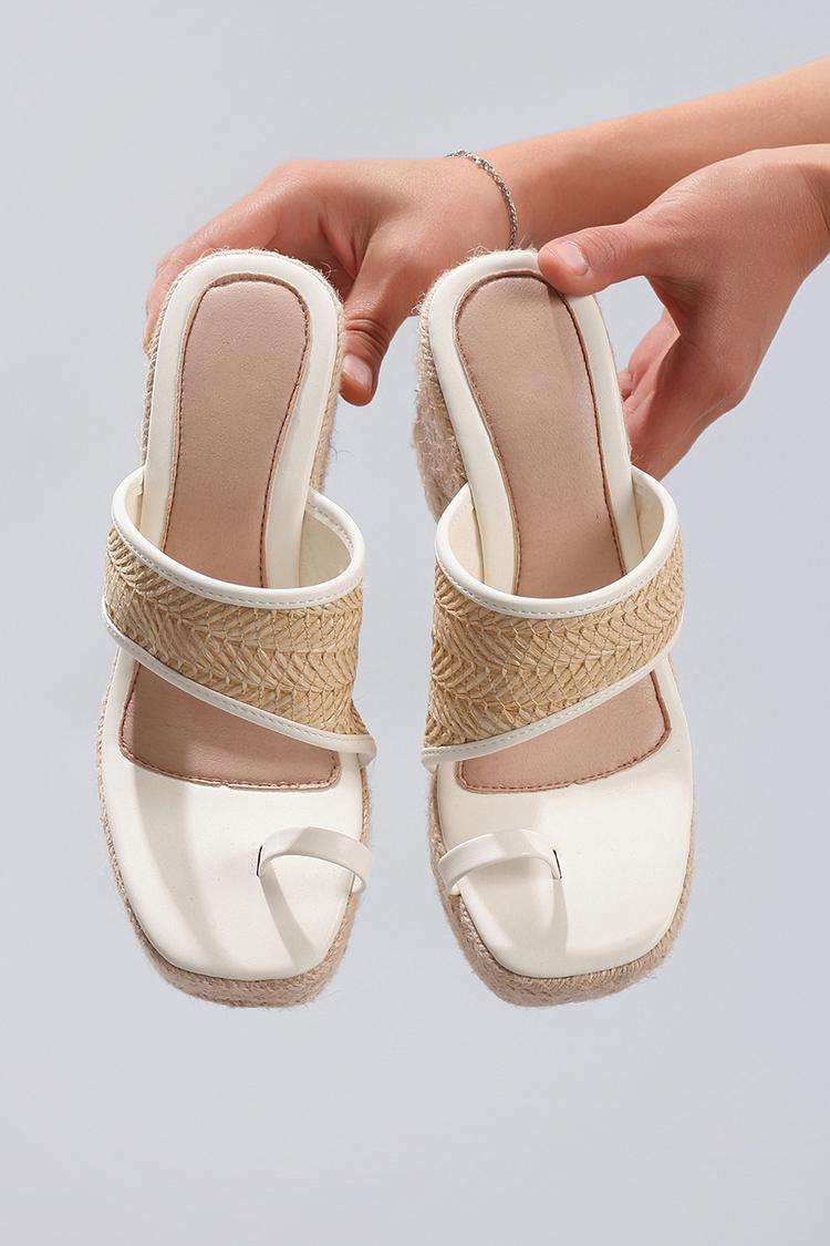Woven Contrast Trim Toe Ring Casual Platform Chunky Heels