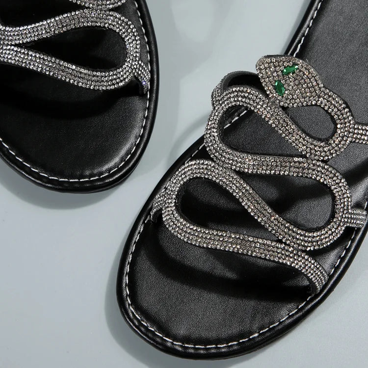 Pantuflas con punta redonda y correa en forma de serpiente con diamantes de imitación 