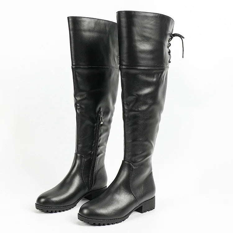 Patchwork Lace Up Solid Color Zipper Round Toe Knee High Boots