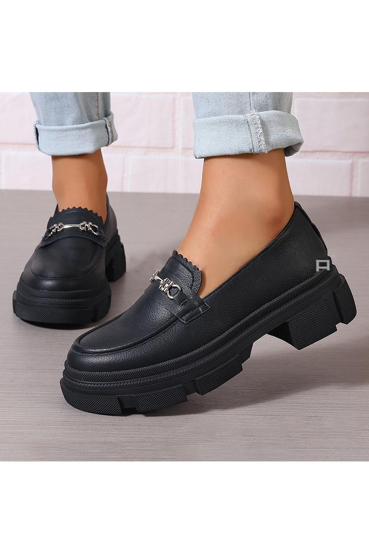 Metall Schnalle Dekor Einfarbig Runde Spitze Niedriger Blockabsatz Loafer