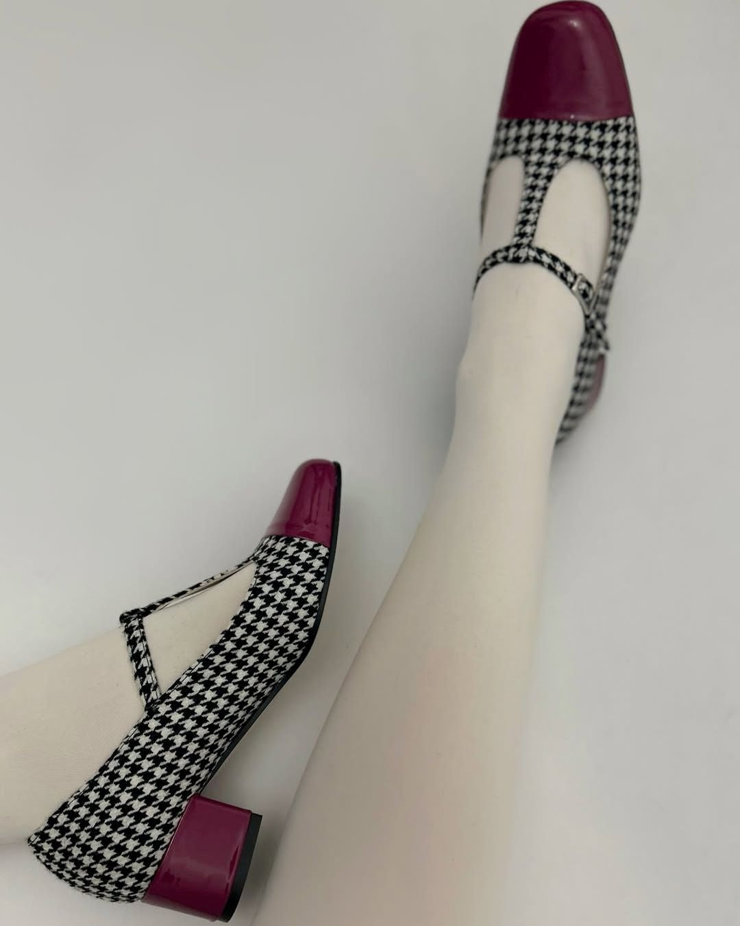 Plaid Colorblock T-Strap Chunky Heels [Pre Order]