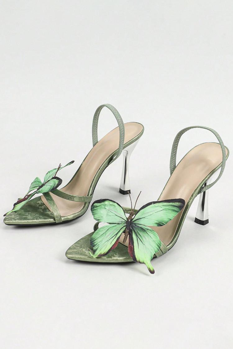 Tacones de aguja de satén con punta puntiaguda y estampado floral de mariposas en 3D 