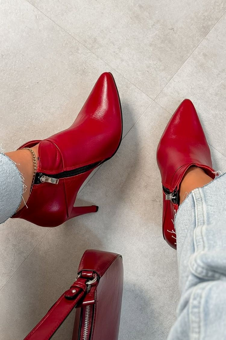 Red Pointed Toe V-Cut Patent Leather Stiletto Ankle Boots [Pre Order]