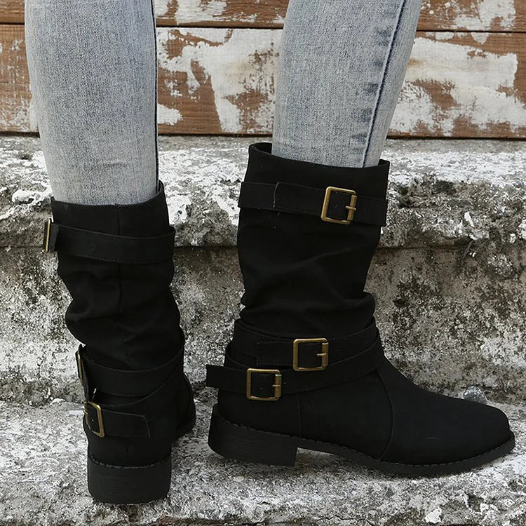 Einfarbige mittelhohe Stiefel mit mehreren Riemen und Schnallen im Patchwork-Stil und runder Zehenpartie