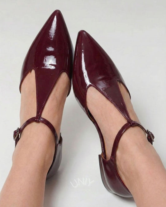 Retro Burgundy Pointed Toe T-Strap Mary Jane Flats [Pre Order]