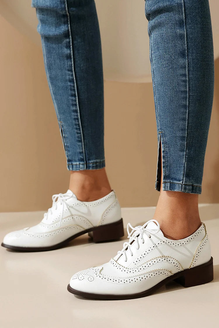 Colorblock Round Toe Low Block Heel Lace Up Brogue Oxfords