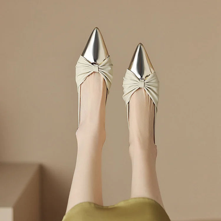 Bow Metallic Sheen Stitching Slingback Pointy Toe Flats