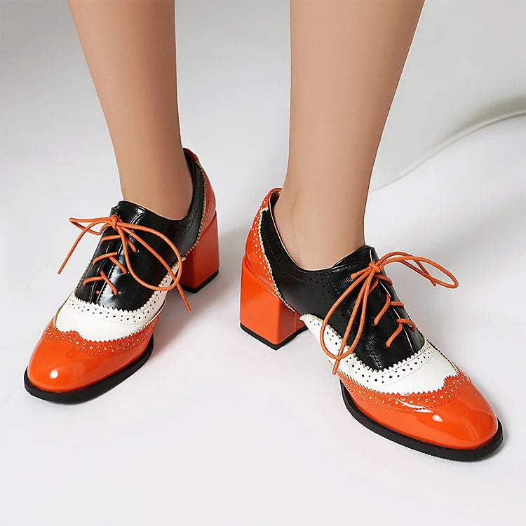 Scarpe Oxford Brogue con Tacco Grosso e Lacci, Punta Rotonda e Patchwork Color Block 