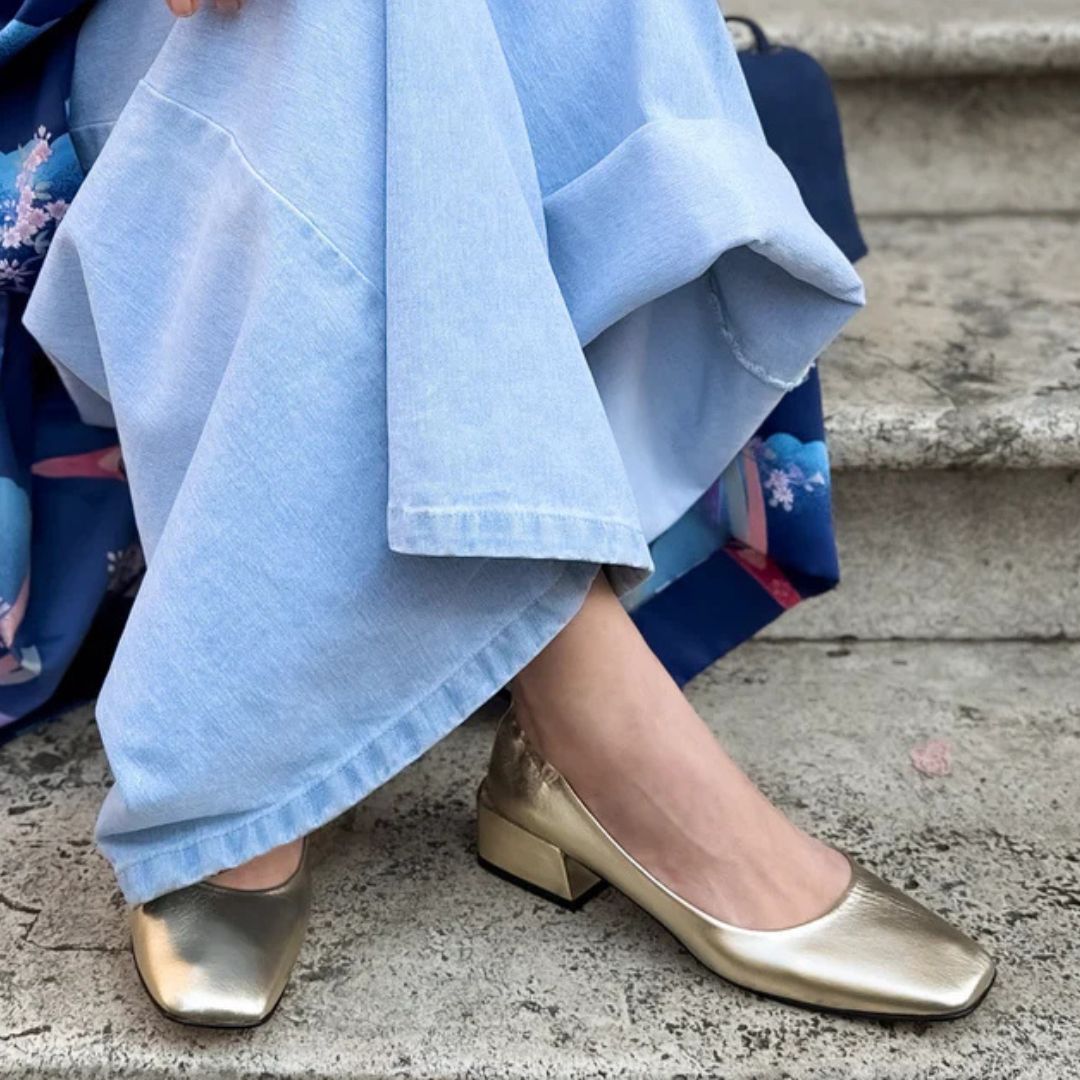 Vintage Metallic Gold Square Toe Low Block Heel Pumps [Pre Order]