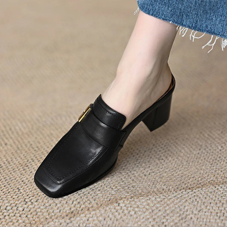 Patchwork Metal Buckle Decor Square Toe Slip On Mules Heels