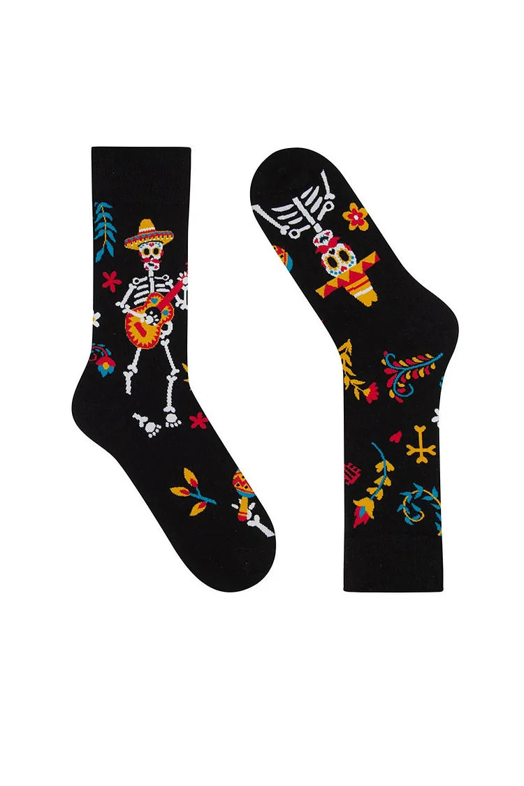 Calcetines de media pantorrilla con estampado floral de calavera y esqueleto multicolor para Halloween 