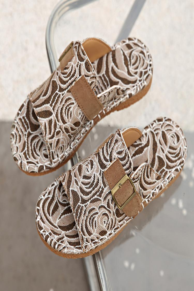 Pantuflas casuales con punta redonda, decoración con hebilla y correa con estampado de flores