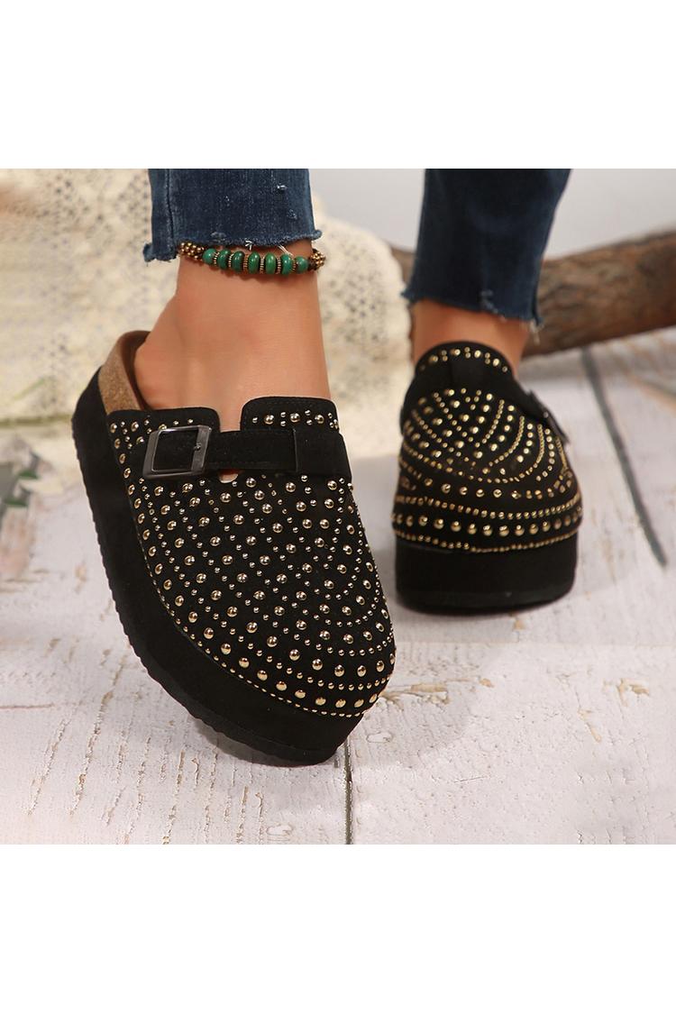 Pantofole casual con punta rotonda, fibbia e cinturino decorati con perforazione a caldo 