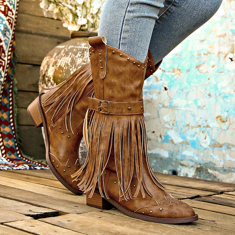 Metal Rivets Fringed Trim Pointed Toe Chunky Heel Mid Calf Boots