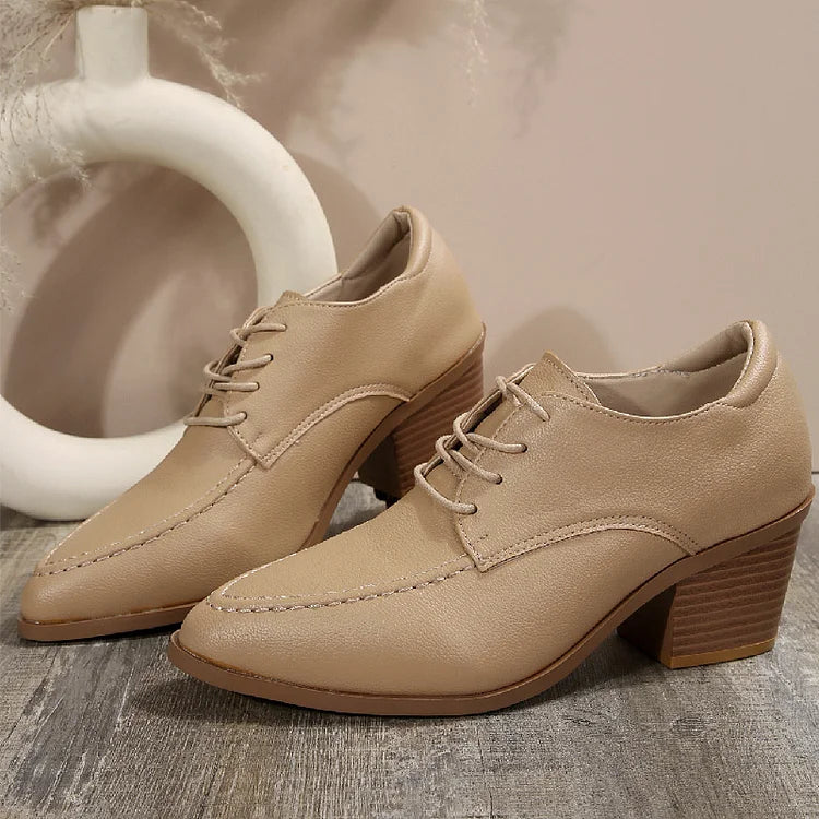 Patchwork Stitch Detail Pointed Toe Chunky Heel Lace Up Oxfords