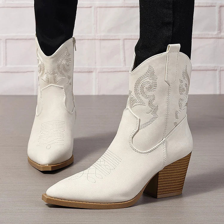 Embroidery Pointed Toe Stitch Detail Patchwork Chunky Heel Ankle Boots