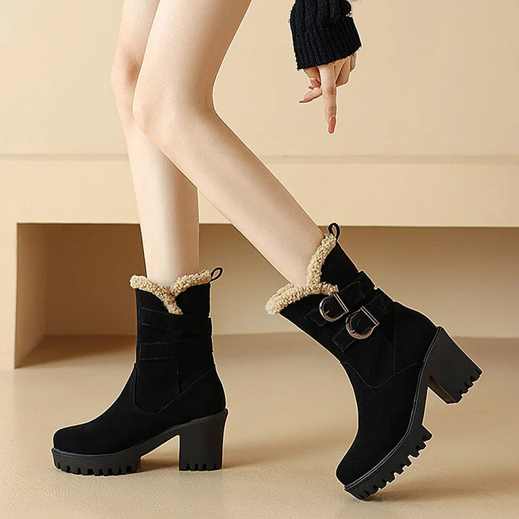 Two Straps Buckles Patchwork Round Toe Chunky Heel Mid Boots