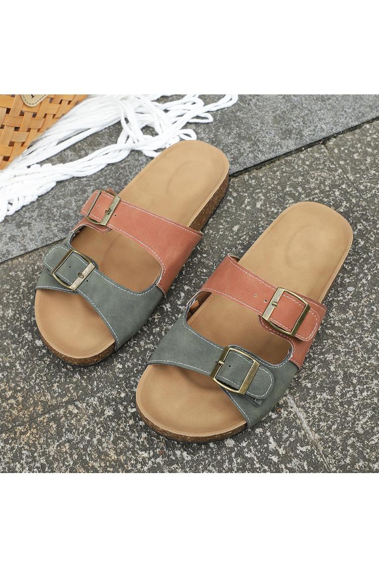 Pantofole casual da esterno con punta rotonda, due cinturini e fibbie colorblock