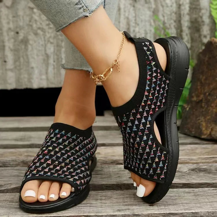 Casual Colourful Triangular Pattern Hollowed Slingback Slide Platform Sandals