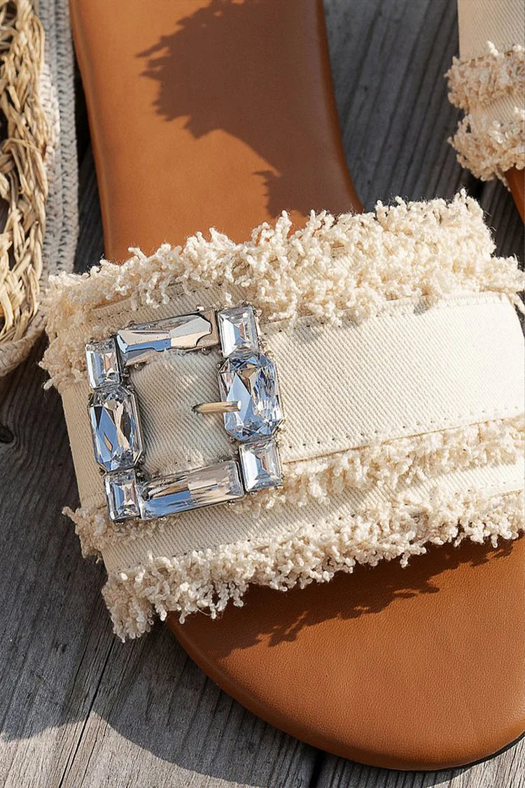 Zapatillas casuales de lona con punta redonda y ribete crudo con decoración de diamantes de imitación 