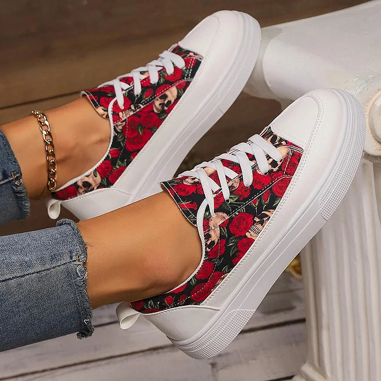 Halloween Skull Rose Colourful Floral Print Lace Up Casual Shoes