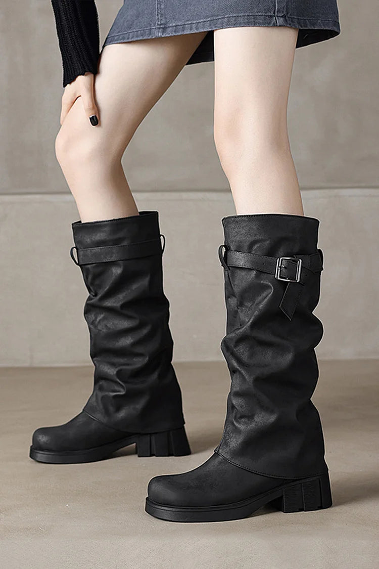 Strap Buckle Decor Fold Over Round Toe Chunky Heel Long Boots