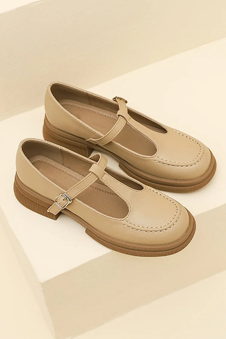 T-Strap Buckle Round Toe Stitch Detail Casual Loafers