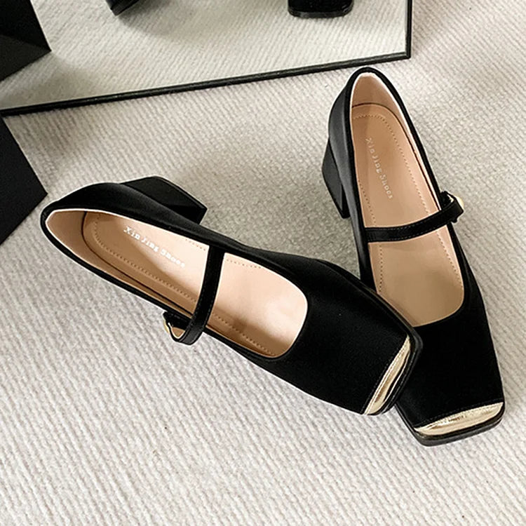 Color Matching Square Toe Instep Strap Buckle Chunky Heels