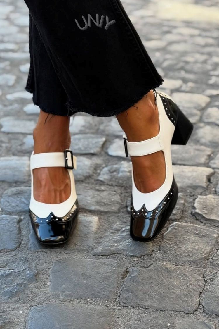 Patchwork Square Toe Instep Strap Buckle Low Heels