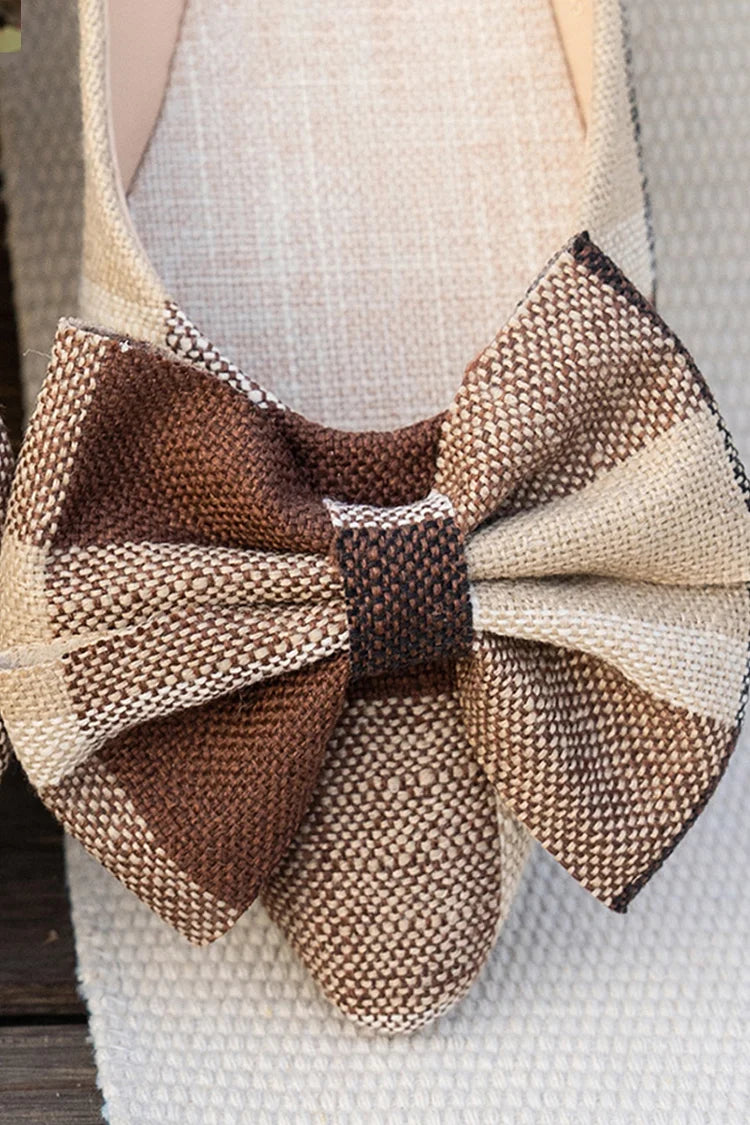 Kolorowe płócienne baleriny z kokardą, spiczasty nosek, wsuwane