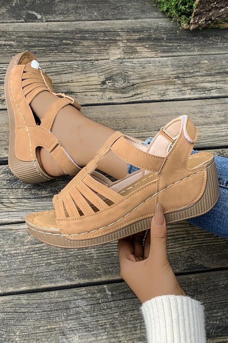 Sandali casual con zeppa, punta tonda e cinturino a T in tinta unita