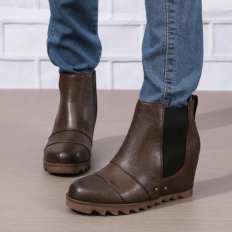 Patchwork Metal Rivet Round Toe Wedge Heel Ankle Boots