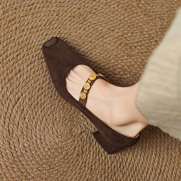 Catena con moneta in metallo, cinturino sul collo del piede, patchwork, punta quadrata, tacco spesso