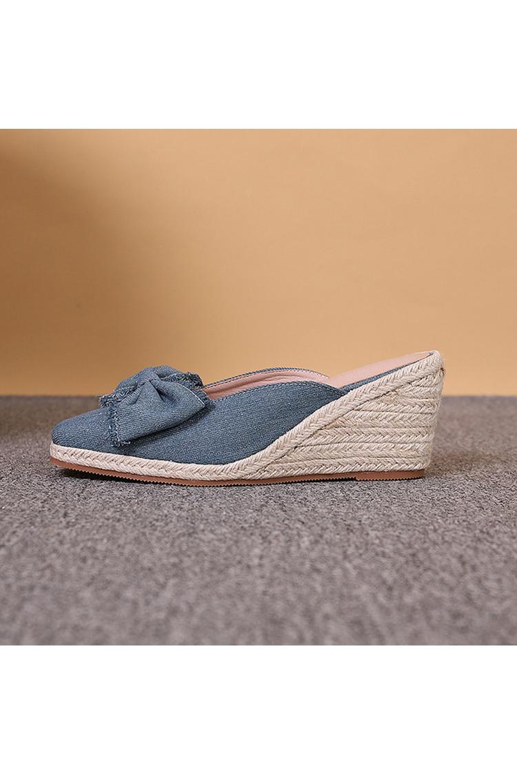 Raw Edge Bow Decor Solid Color Square Toe Casual Wedge Heels