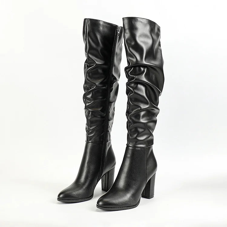 Pointed Toe Solid Color Chunky Heel Zipper Slouch Knee High Boots