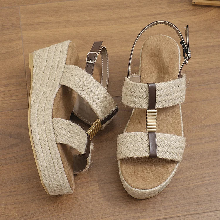 Woven Espadrille Metal Decor Slingback Strap Platform Wedge Sandals