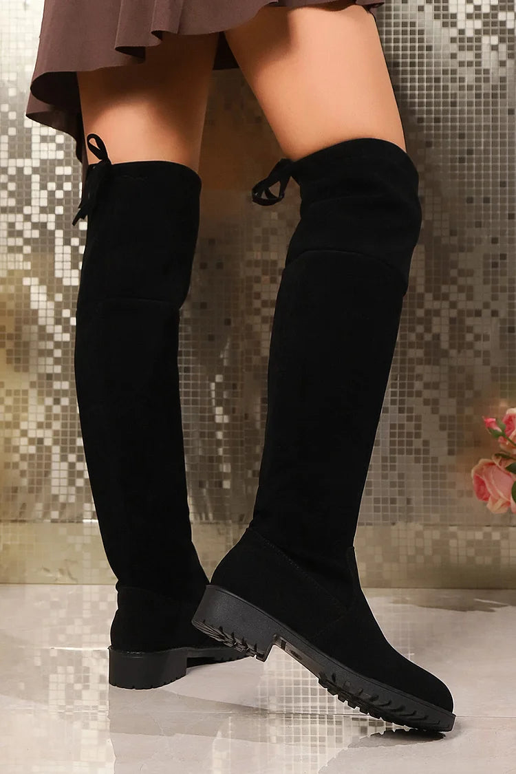 Patchwork Tied Up Solid Color Round Toe Pull On Over The Knee Boots