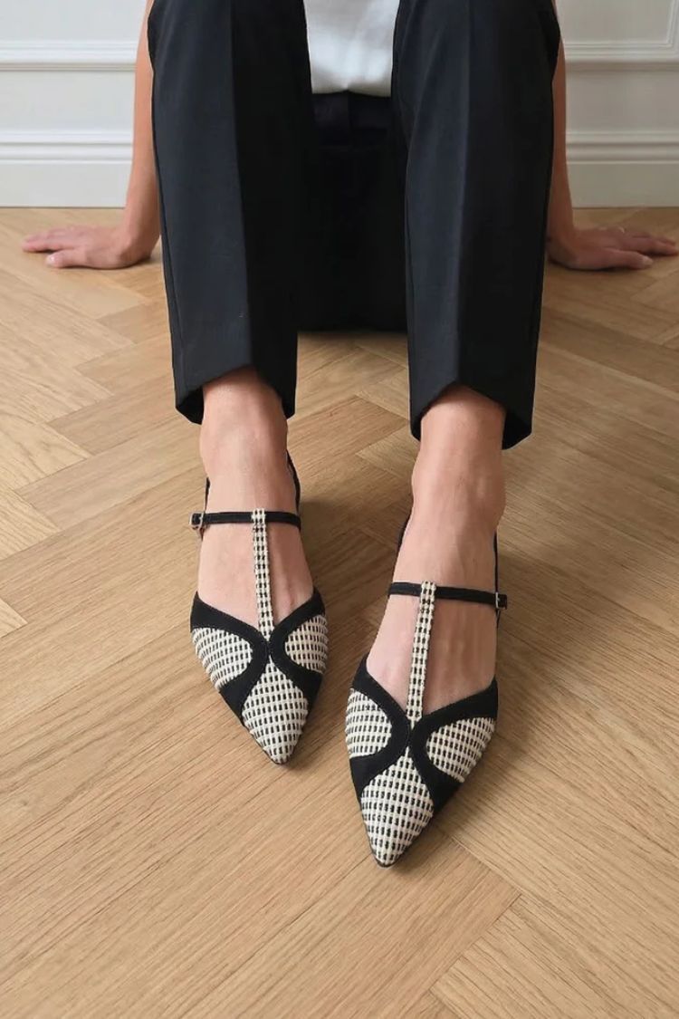 Black& White Geometric T-Strap Pointed Toe Flats [Pre Order]