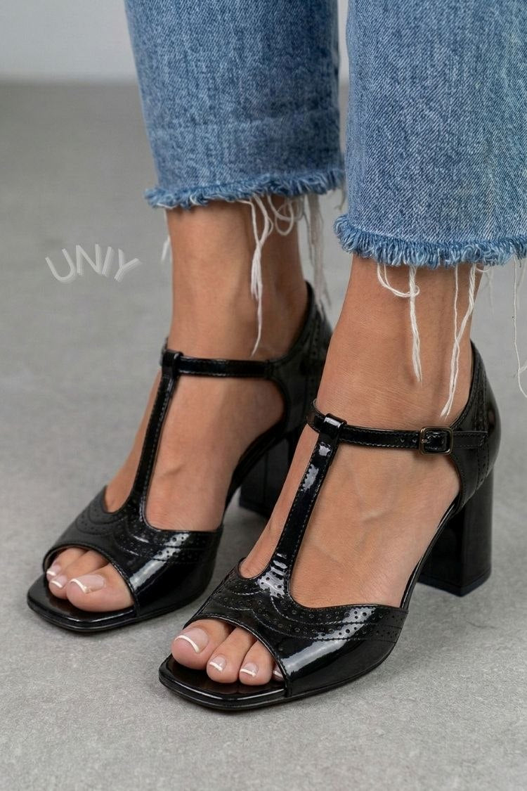 Black Perforated Ankle Strap Chunky High Heel Sandals [Pre Order]