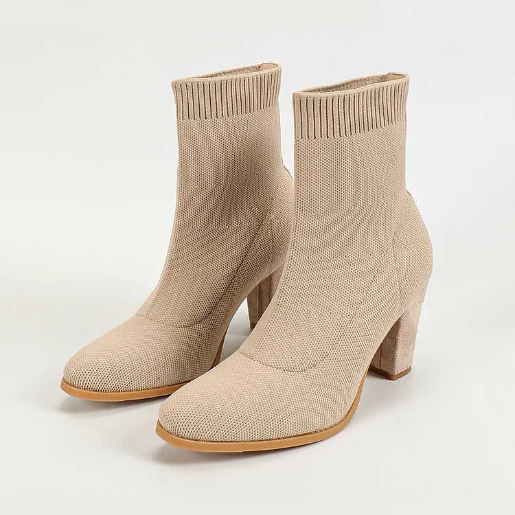 Knitted Solid Color Pointed Toe Chunky Heel Pull On Sock Ankle Boots