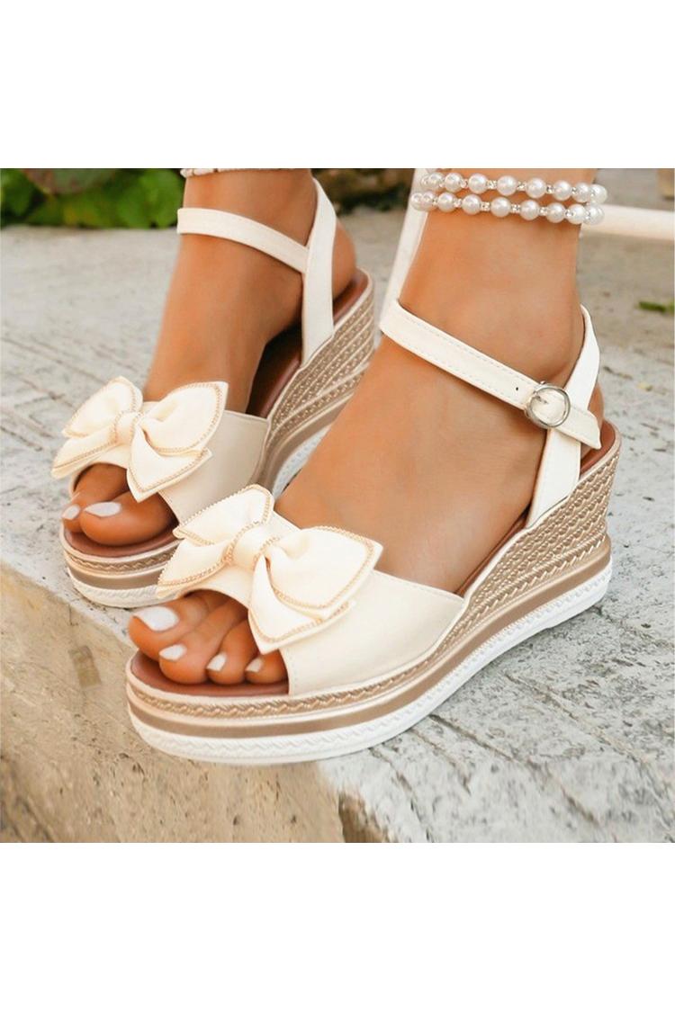 Sandali con zeppa casual con punta aperta, cinturino alla caviglia con fiocco decorato e fibbia