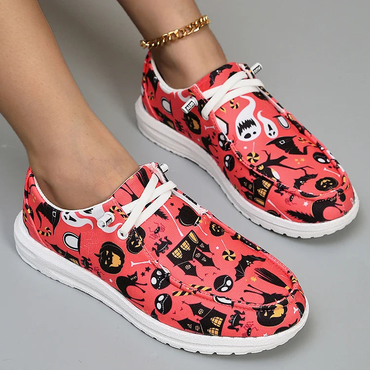 Halloween Element Pumpkin Ghost Skull Print Lace Up Canvas Casual Shoes