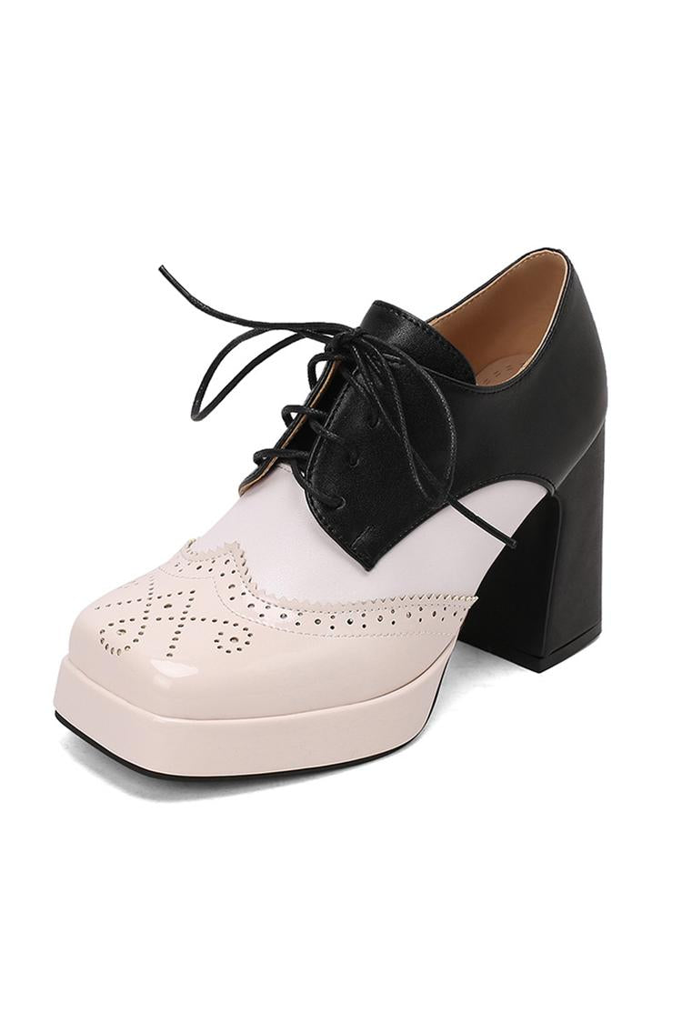 Scarpe con tacco grosso e plateau con lacci e punta quadrata in patchwork colorblock 