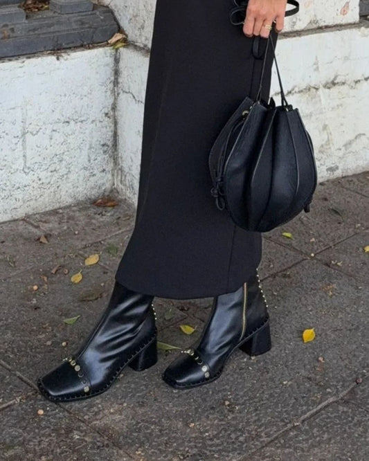 Black Square Toe Rivet Detail Block Heel Boots [Pre Order]